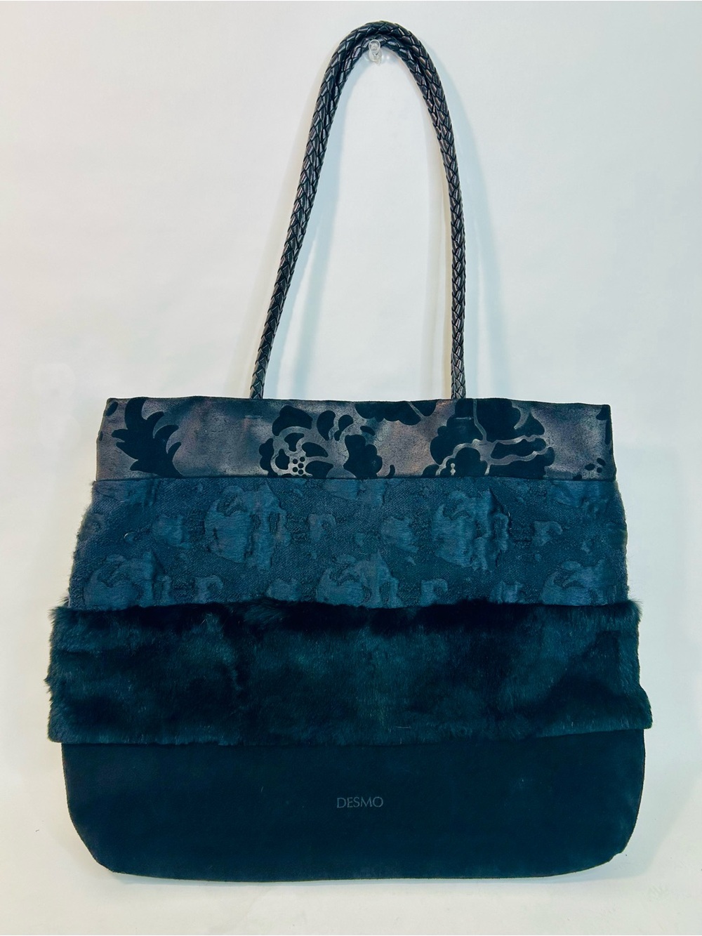 DESMO Vintage Black Leather Suede Fur TOTE Bag, Rope Handles, Made in Italy